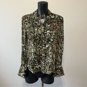 Jones New York Green and Cream Ruffled Blouse